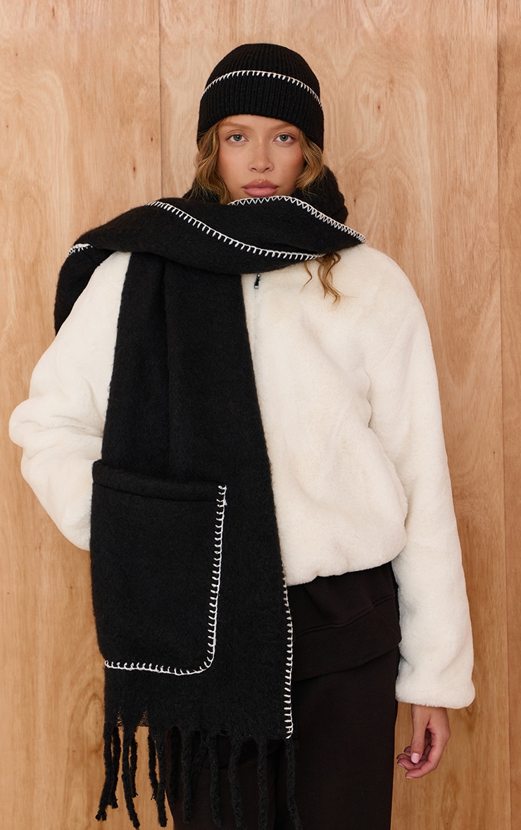 Black Pocket Stitch Detail Tassel Scarf image 1