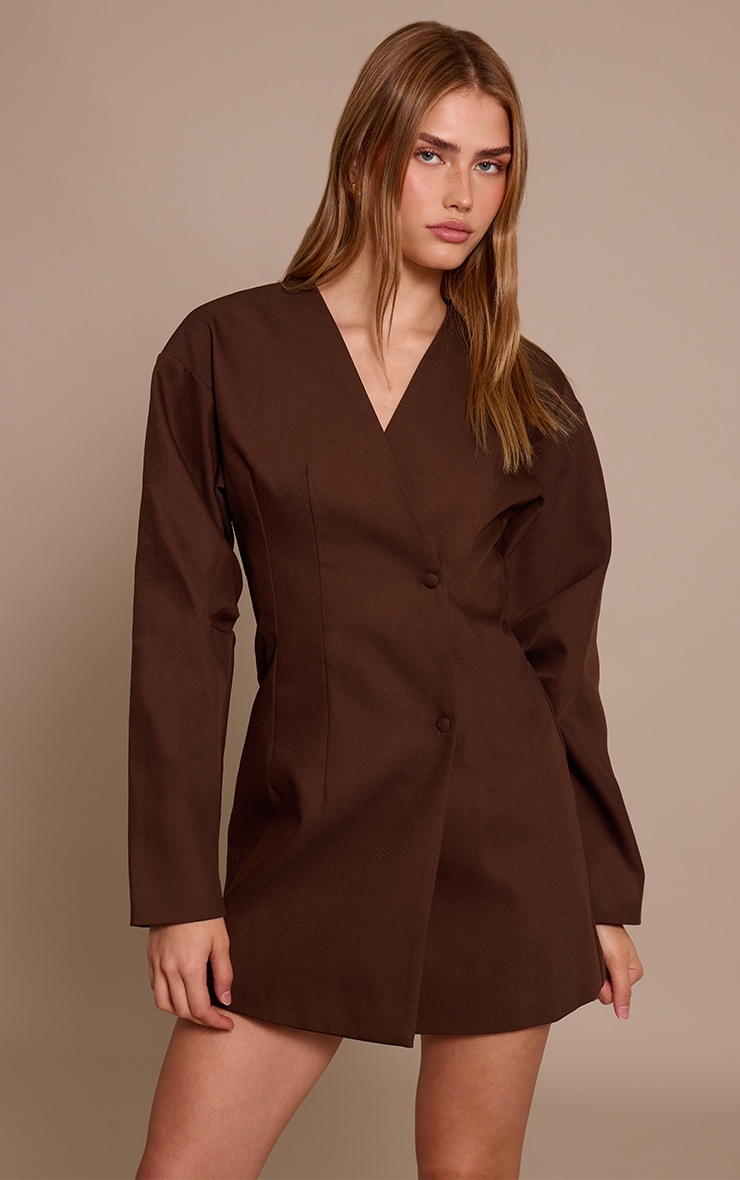 Deep Chocolate Woven Balloon Sleeve Blazer Dress image 3