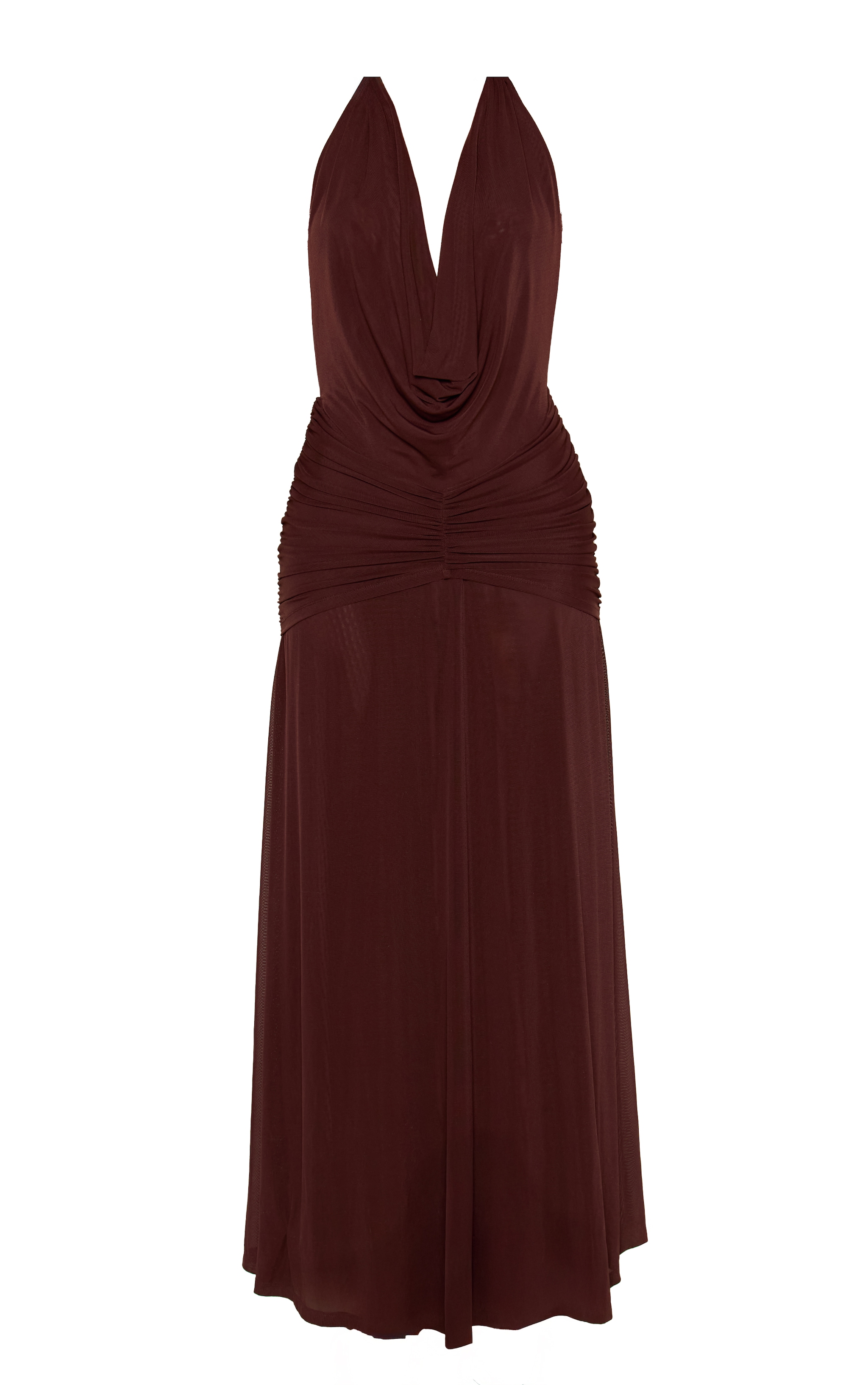 Chocolate Mesh Cowl Neck Ruched Front Maxi Dress image 5