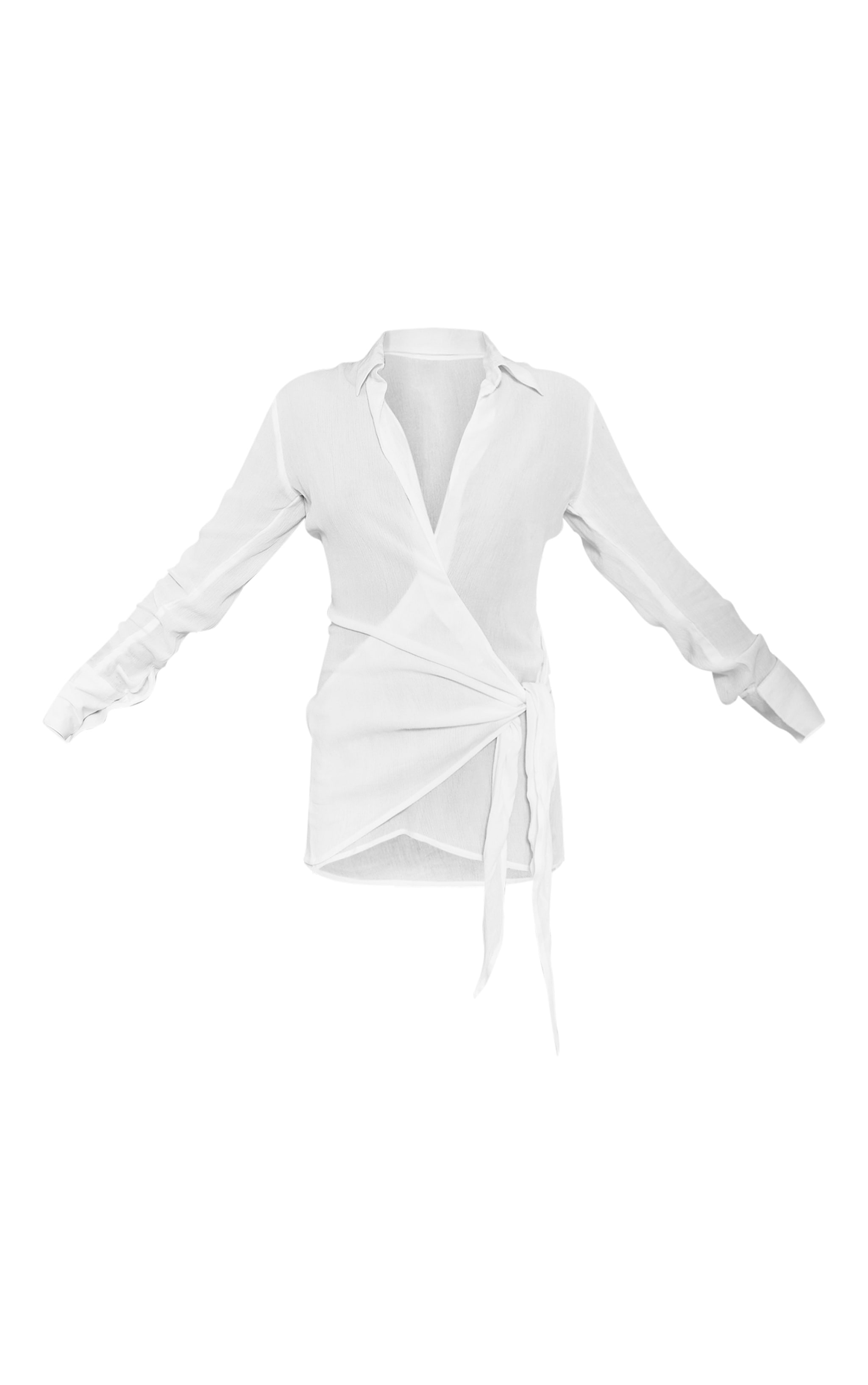 White Textured Plunge Wrap Shirt Dress