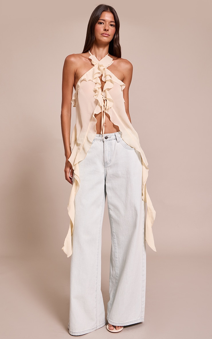 Cream Chiffon Ruffle Drape Detail Longline Top image 3