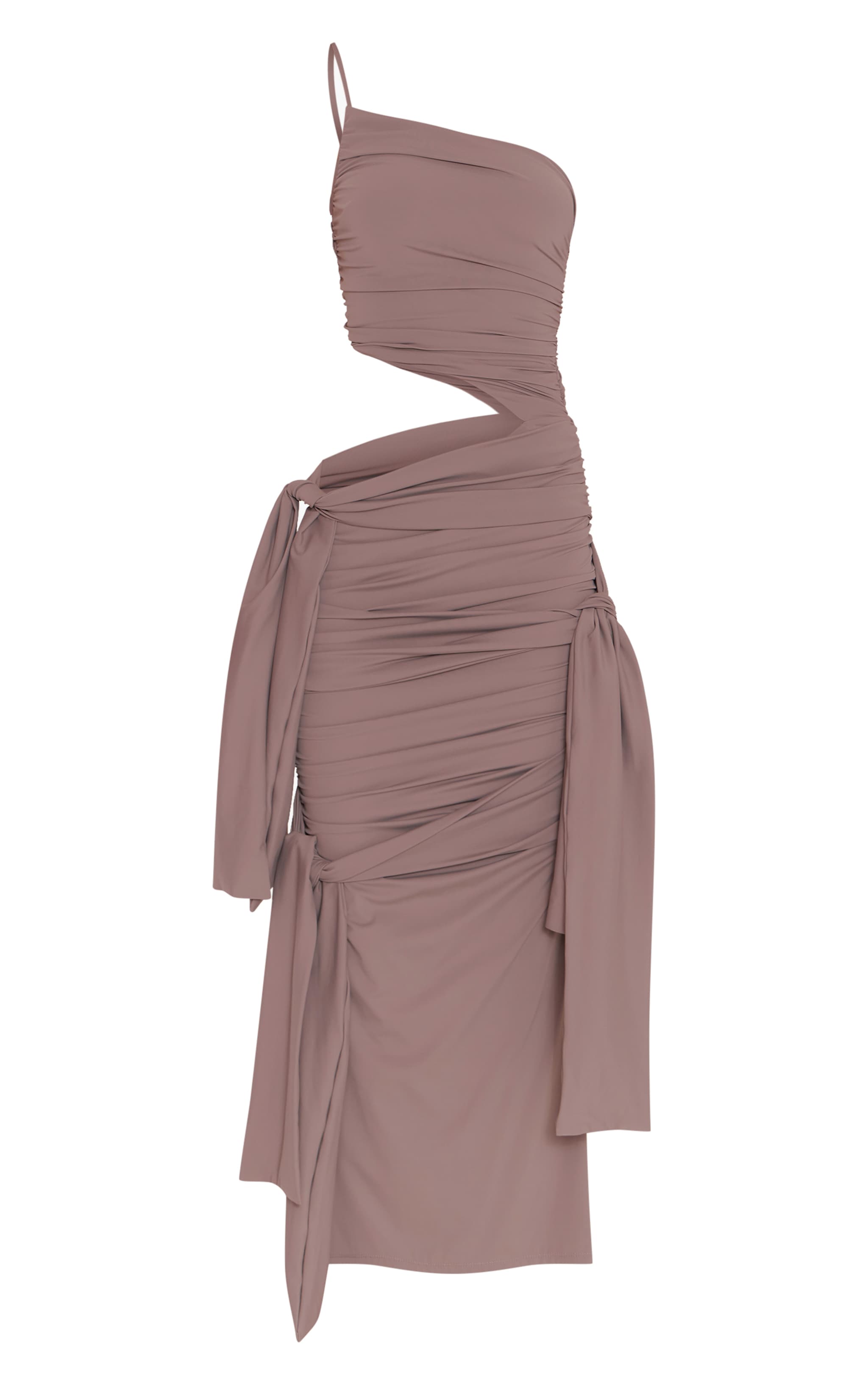 Taupe Slinky Jersey Knot Detail Cut Out One Shoulder Maxi Dress image 5