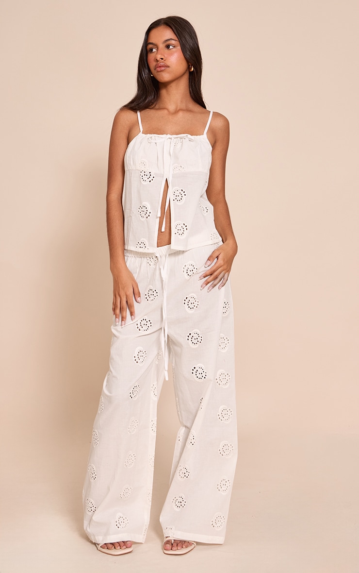 Petite White Linen Look Broderie Swirl Detail Straight Leg Pants image 1