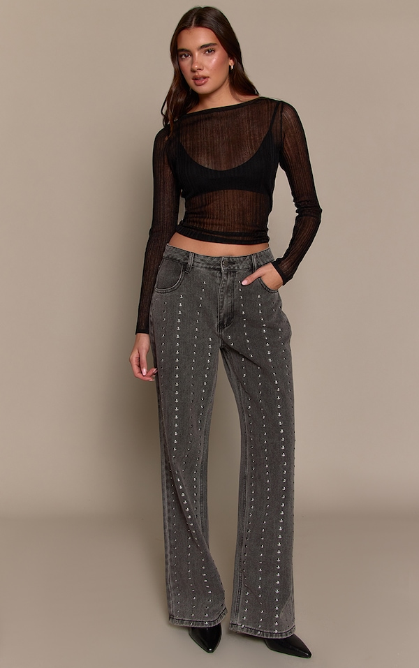 Washed Grey Studded High Waisted Denim Jeans