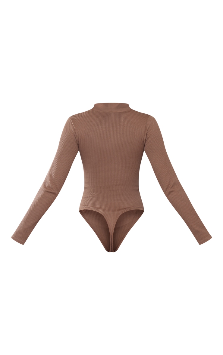 Brown Snatched Rib Zip Up Long Sleeve Bodysuit image 2