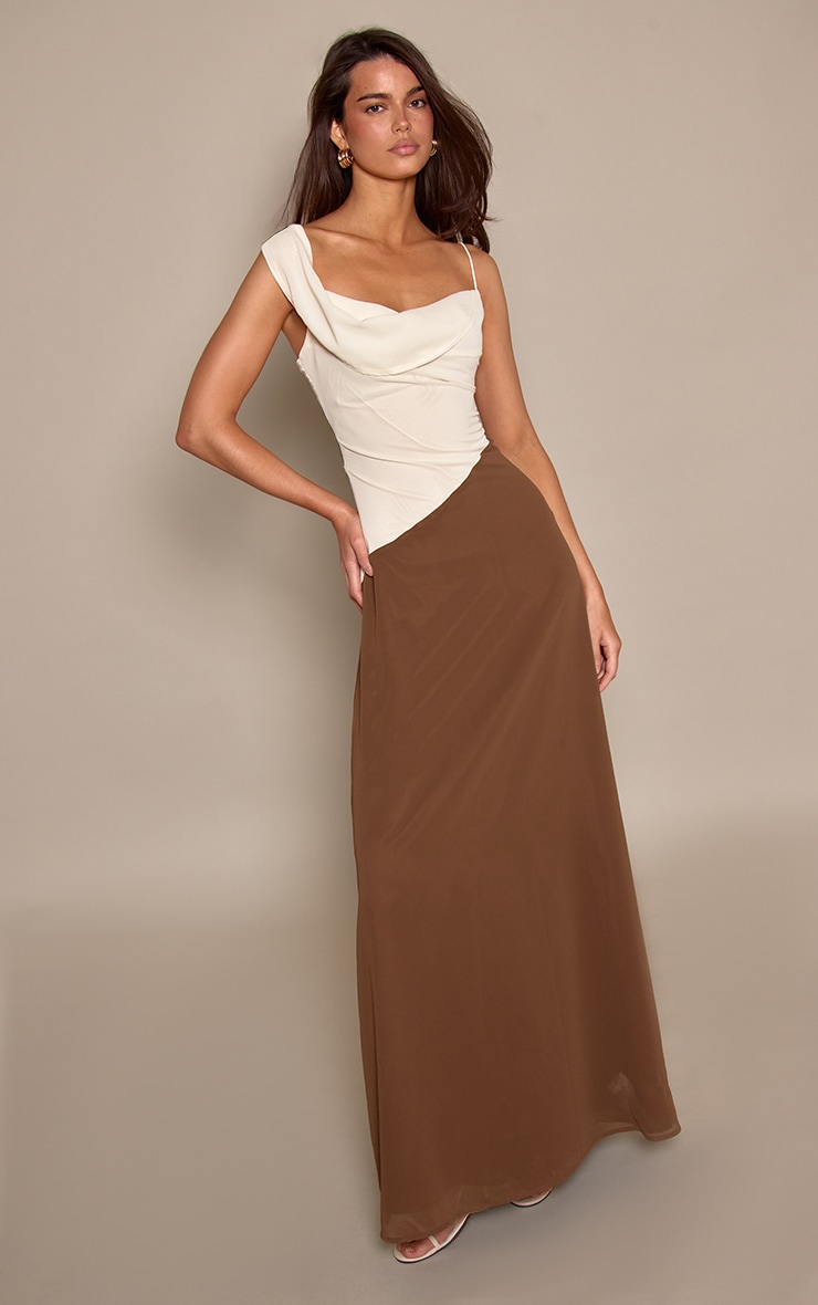 Brown Chiffon Contrast Cowl Neck Maxi Dress image 1