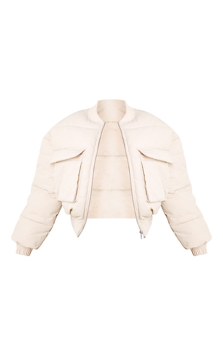 Cream Nylon Pocket Front Panel Sleeve Oversized Bomber Jacket image 1