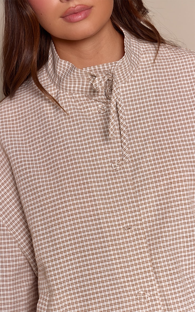 Cream Checked High Neck Tie Detail Long Sleeve Shirt  image 4