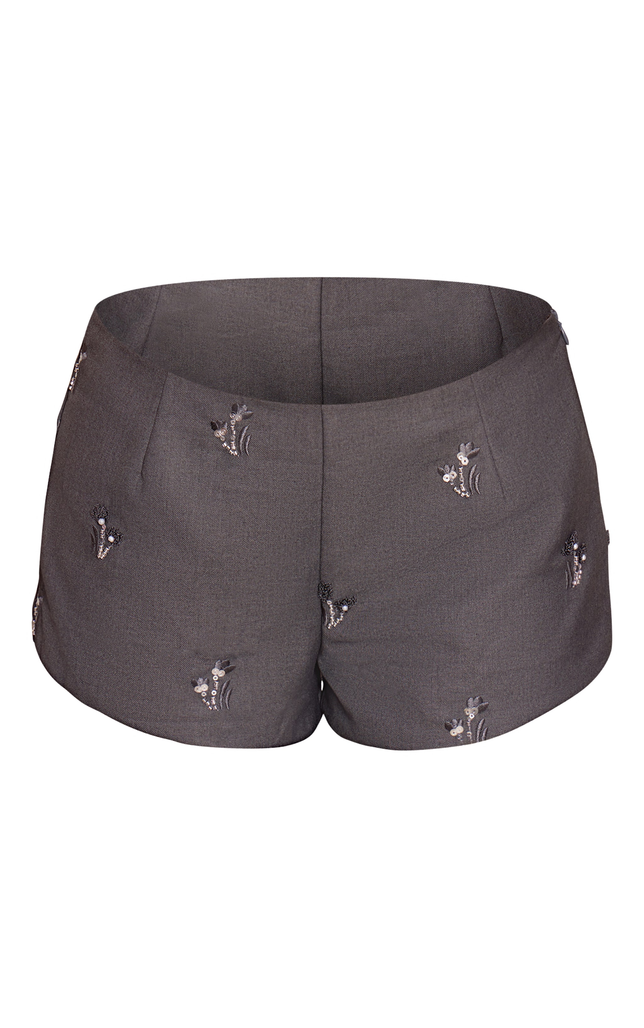 Charcoal Grey Tailored Woven Floral Sequin Hot Pants image 6