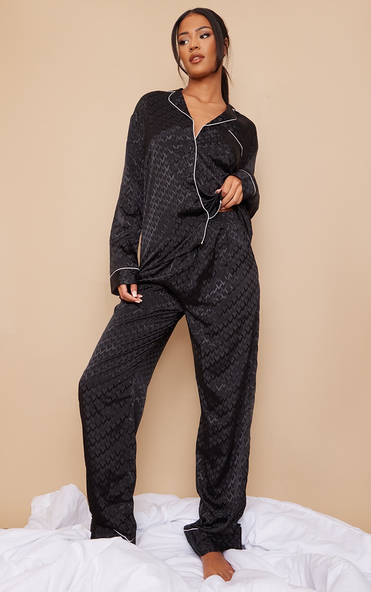 Tall Black Long Sleeved Satin Jacquard Pj Set