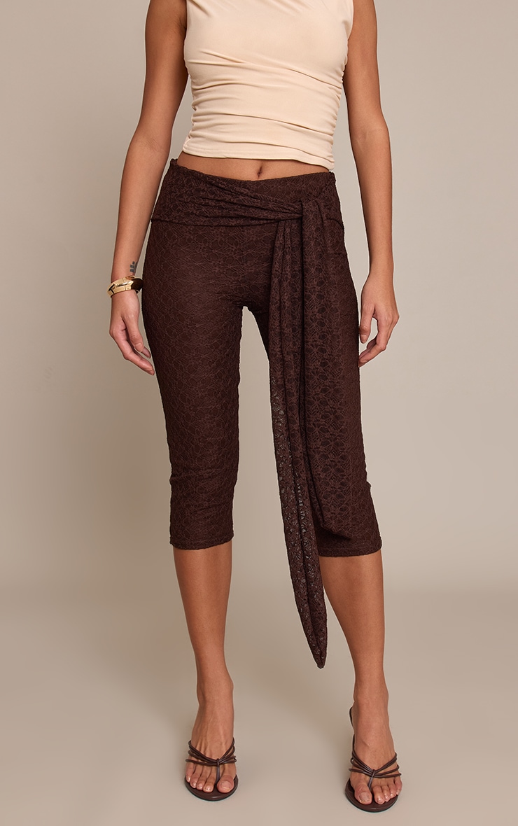 Chocolate Textured Lace Wrap Waist Detail Capris image 2