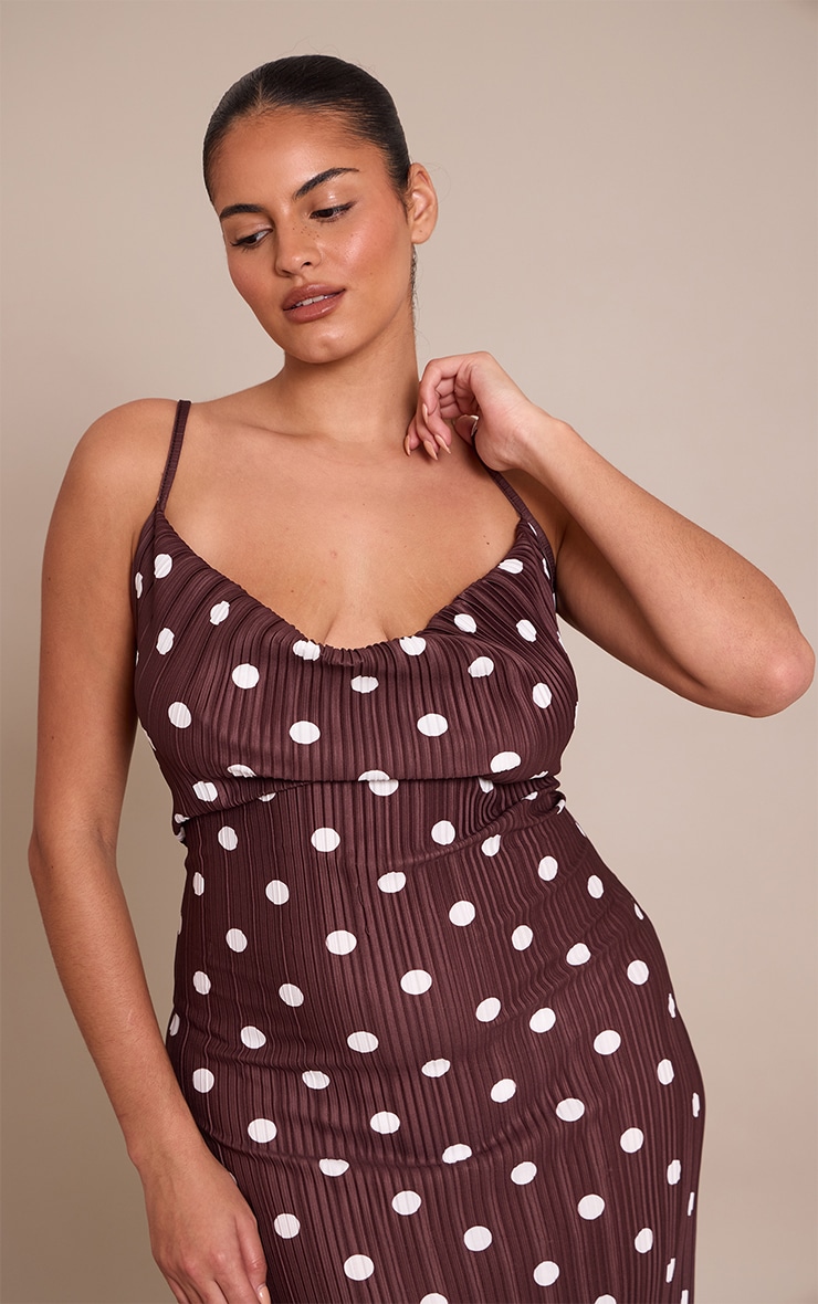 Plus Chocolate Polka Dot Printed Plisse Cowl Neck Maxi Dress image 4