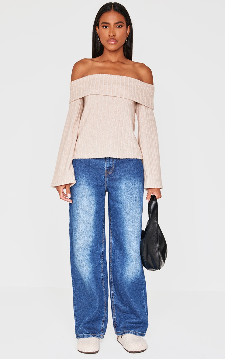 Cream Brushed Rib Fold Over Bardot Long Top image 3