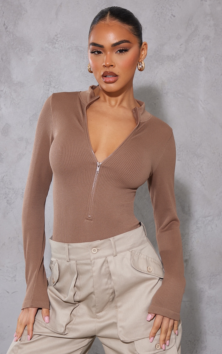 Brown Snatched Rib Zip Up Long Sleeve Bodysuit image 1