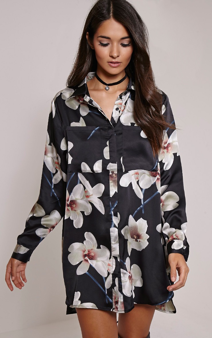 Tricia Black Floral Print Shirt Dress PrettyLittleThing
