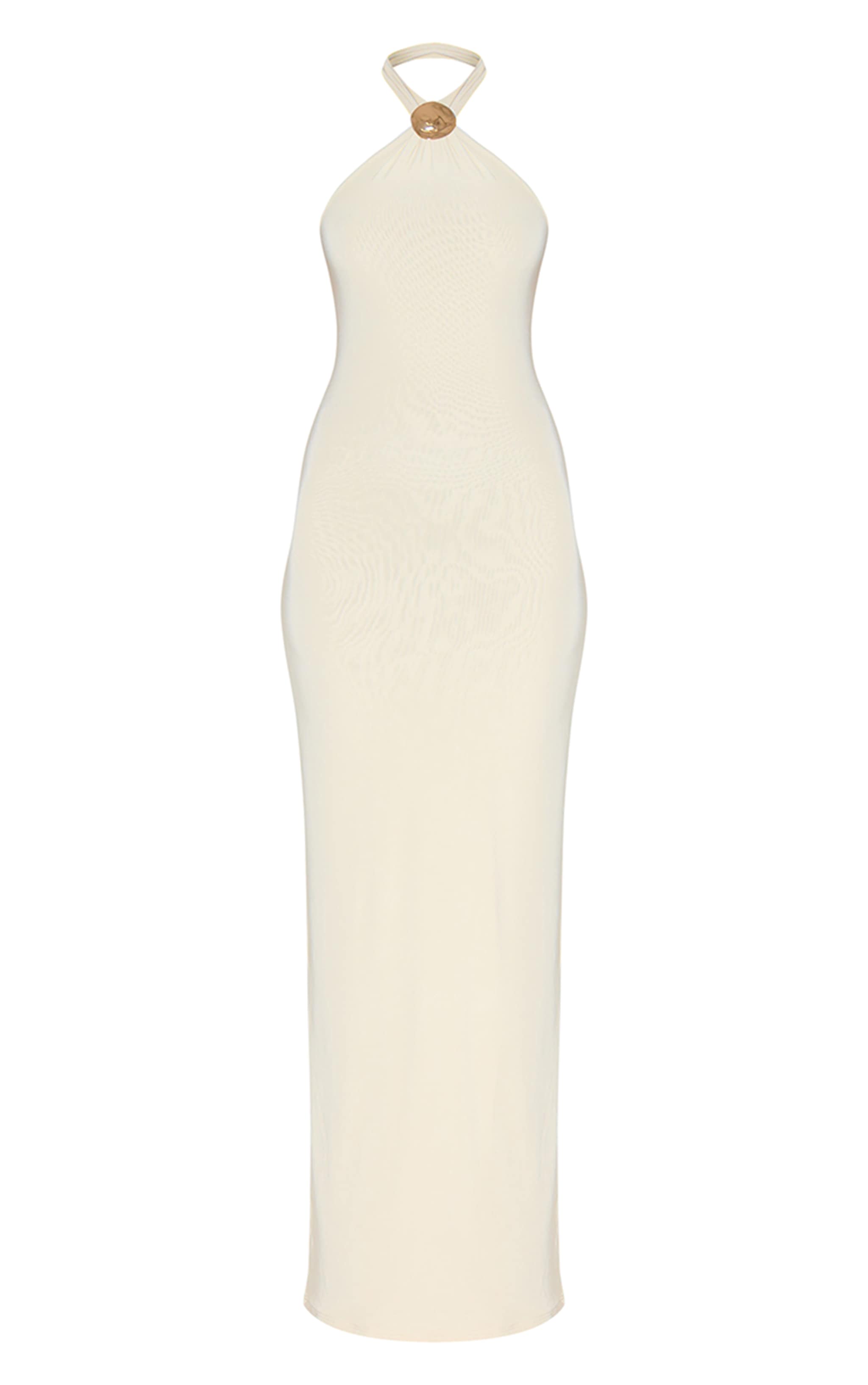 Almond Double Layered Slinky Halter Neck Trim Detail Maxi Dress image 5