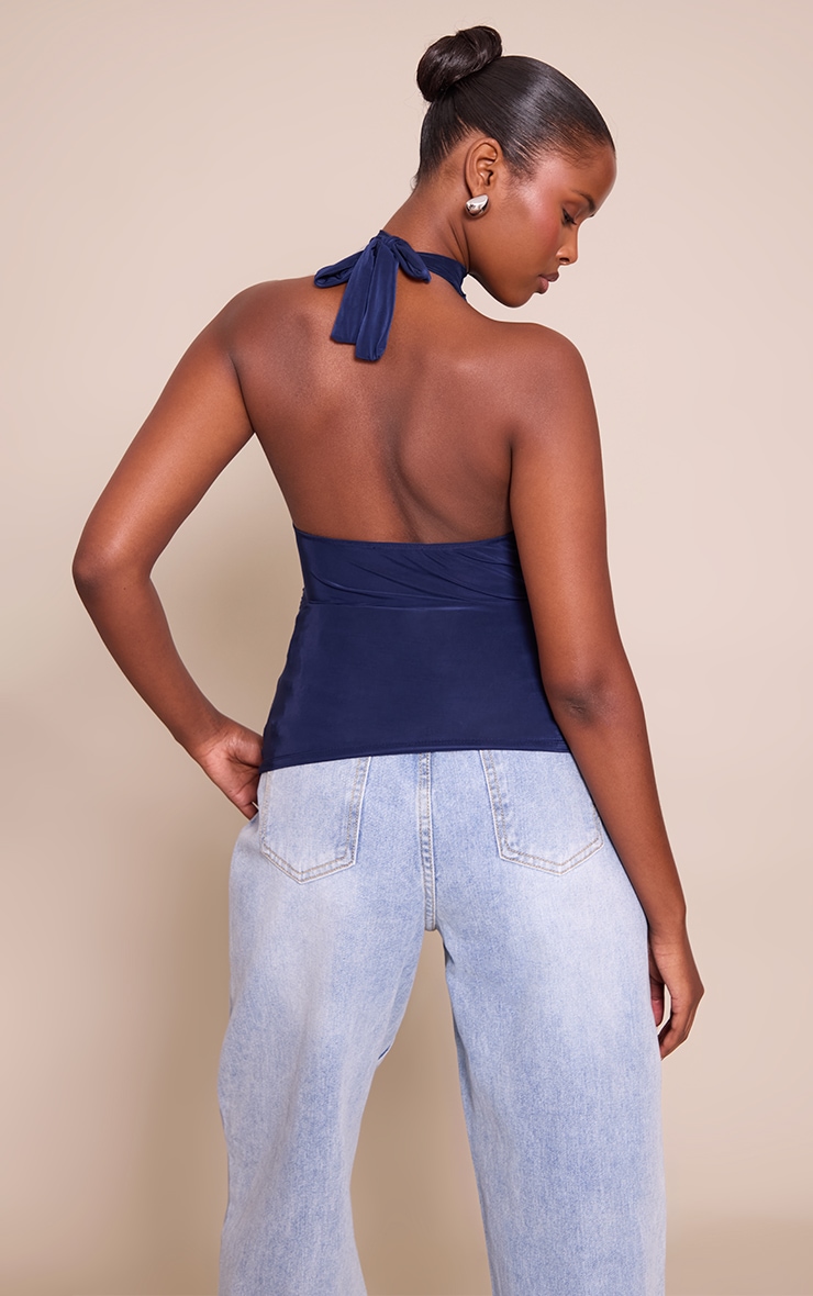 Top long doublé moulant bleu marine drapé à col montant image 2