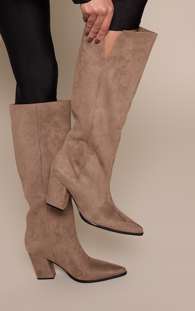 Taupe Faux Suede Point Toe Block Heeled Knee High Boots