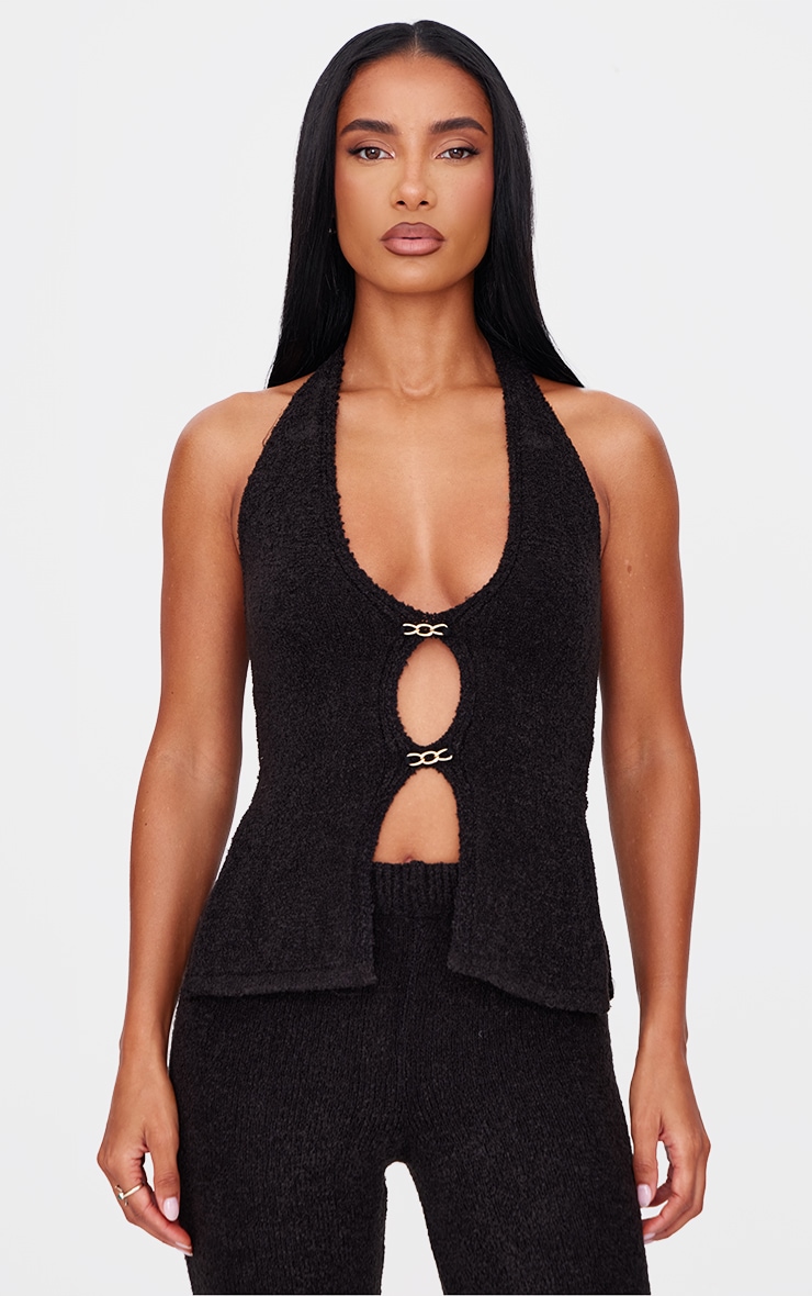 Black Soft Bobble Knit Gold Trim Vest Top image 1