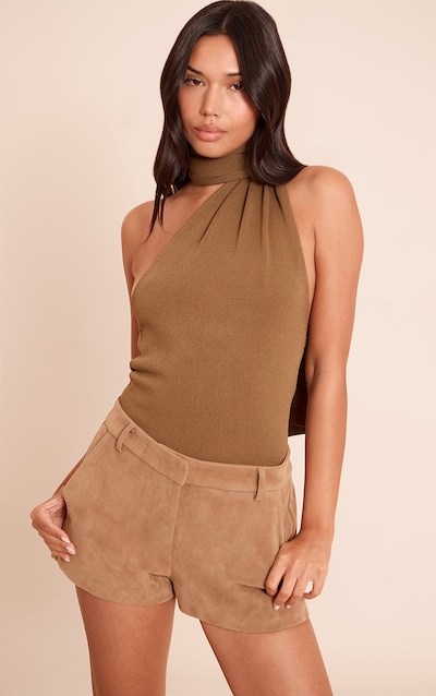 Khaki Scarf Neck Detail Sleeveless Knitted Top