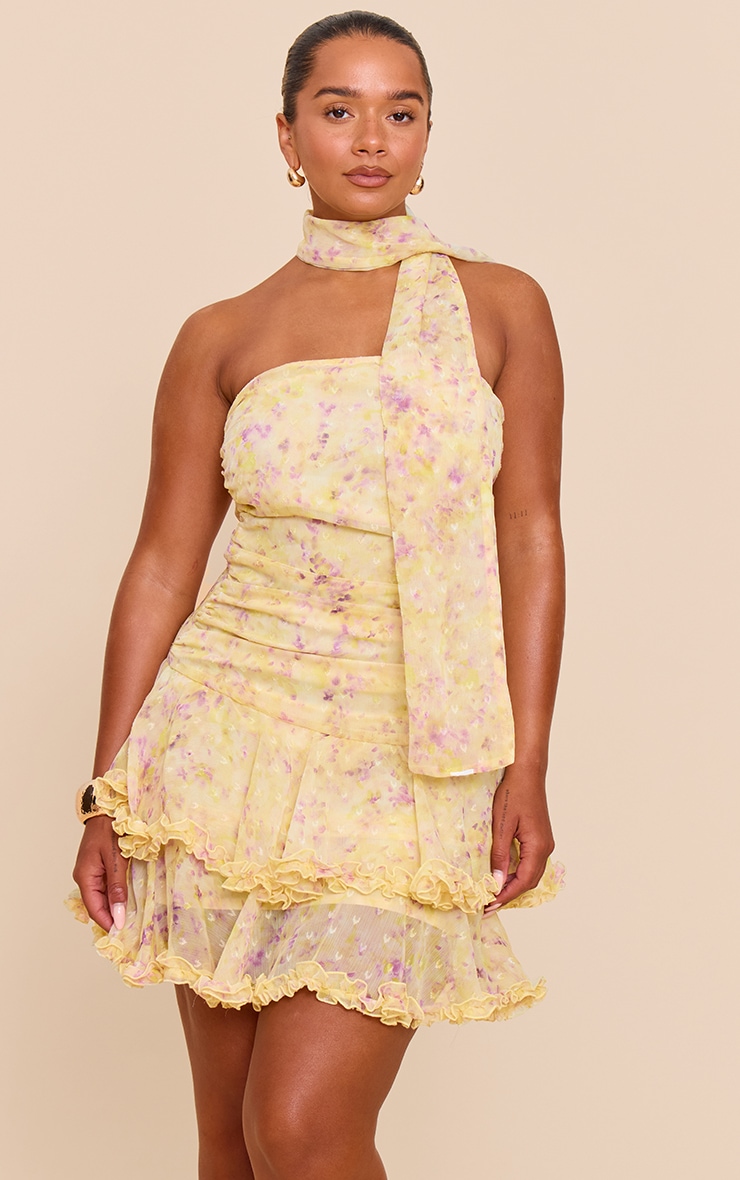 SHAPE Pastel Yellow Chiffon Ditsy Floral Print Tiered Frill mini Dress image 2