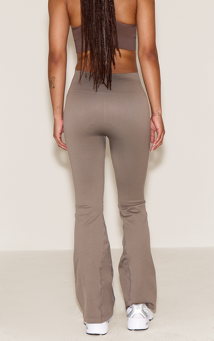 PLT SPORT Brown Seamless Ribbed Detail High Waist Yoga Flares image 3
