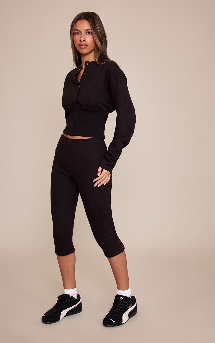 Petite Black Ribbed Waistband Capri Pants image 2