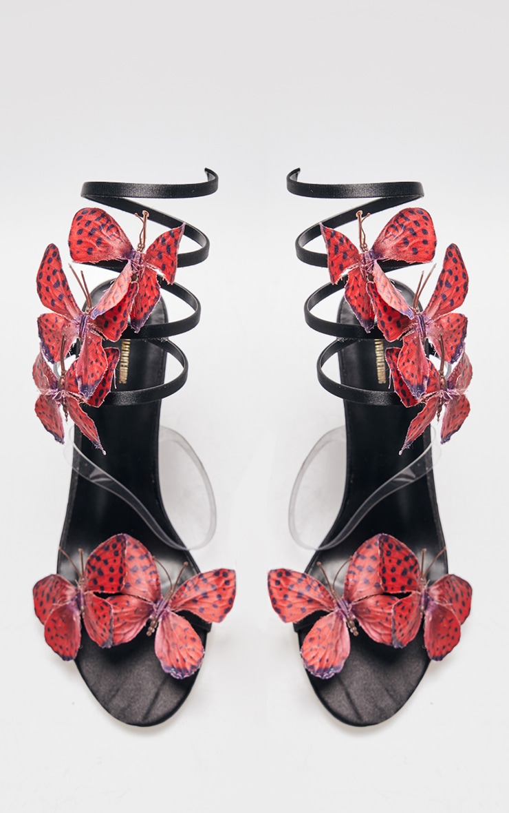 Sandales rondes à talon haut satiné noir à brides en spirale et détail papillon image 4