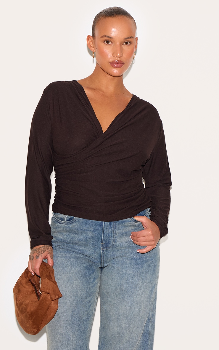 Plus Chocolate Soft Touch Ruched Long Sleeve Longline Top image 1