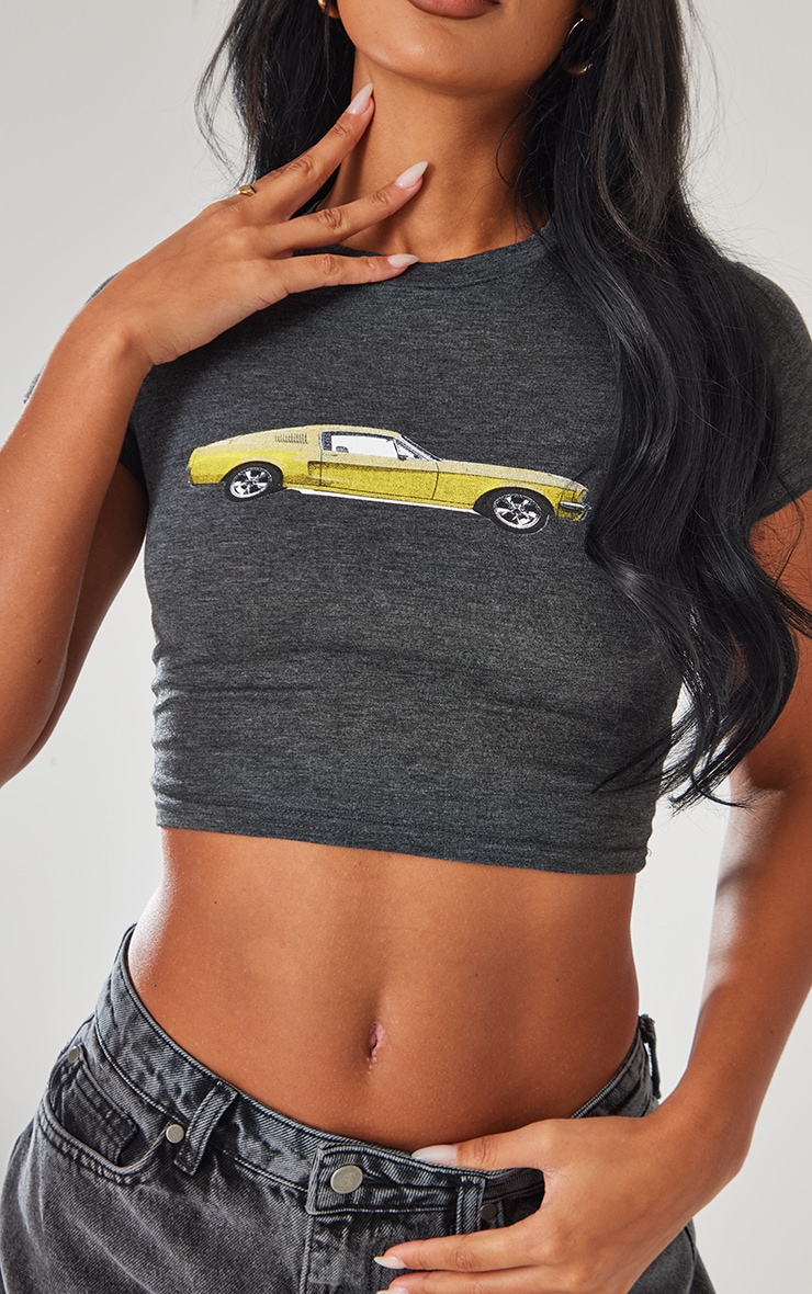 Charcoal Car Print Fitted Crop T Shirt image 4