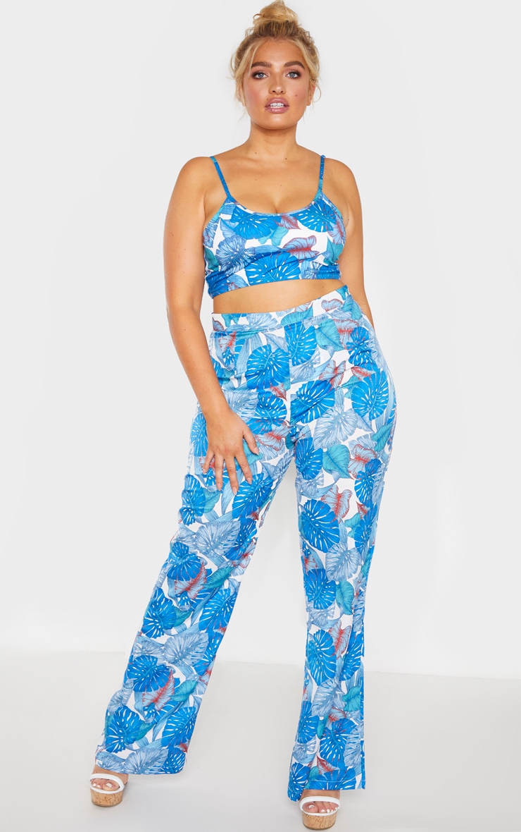 Plus Blue Palm Print Beach Flares