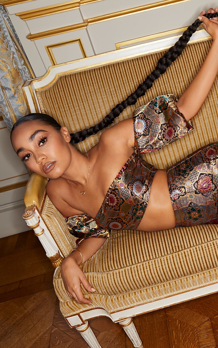 Gold Jacquard Puff Sleeve Bardot Crop Top