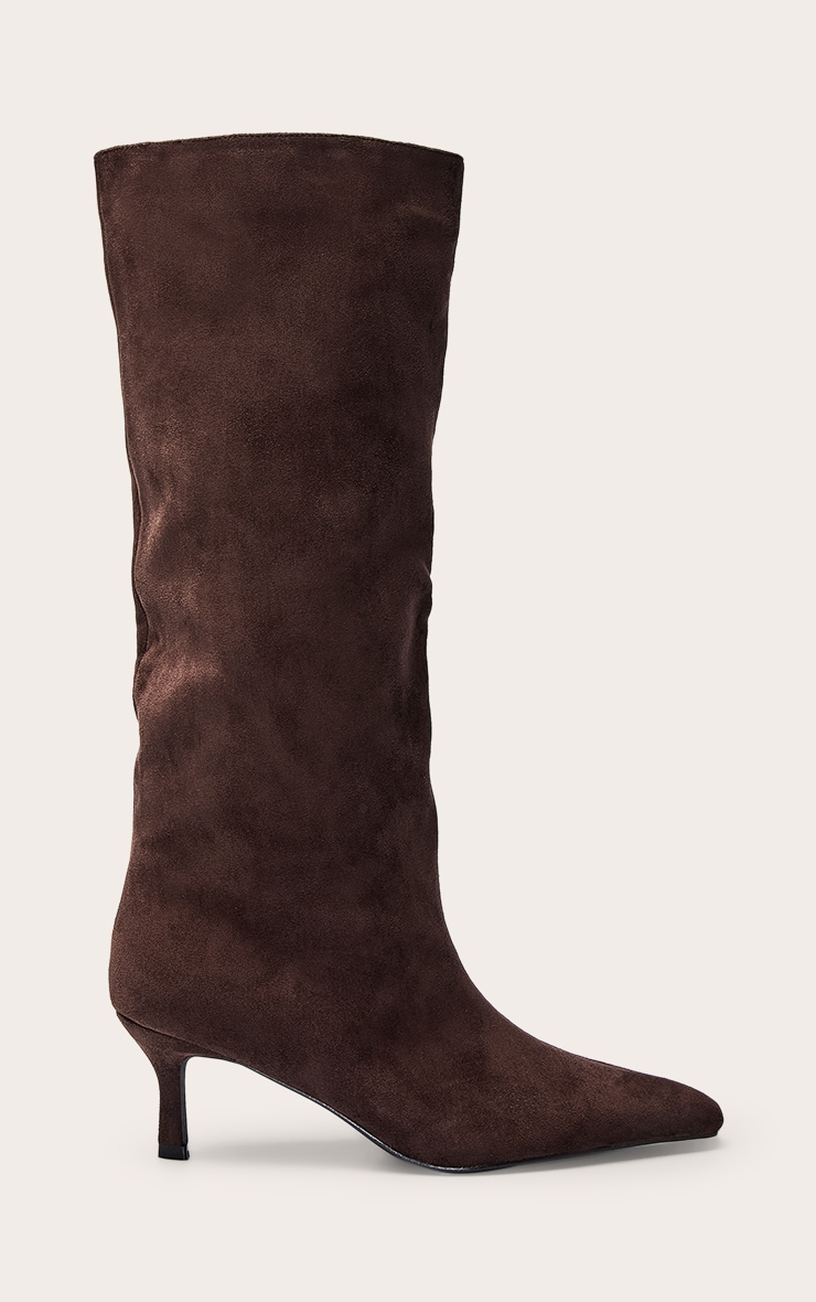 Chocolate Faux Suede Snipped Toe Low Heel Knee Boots image 2