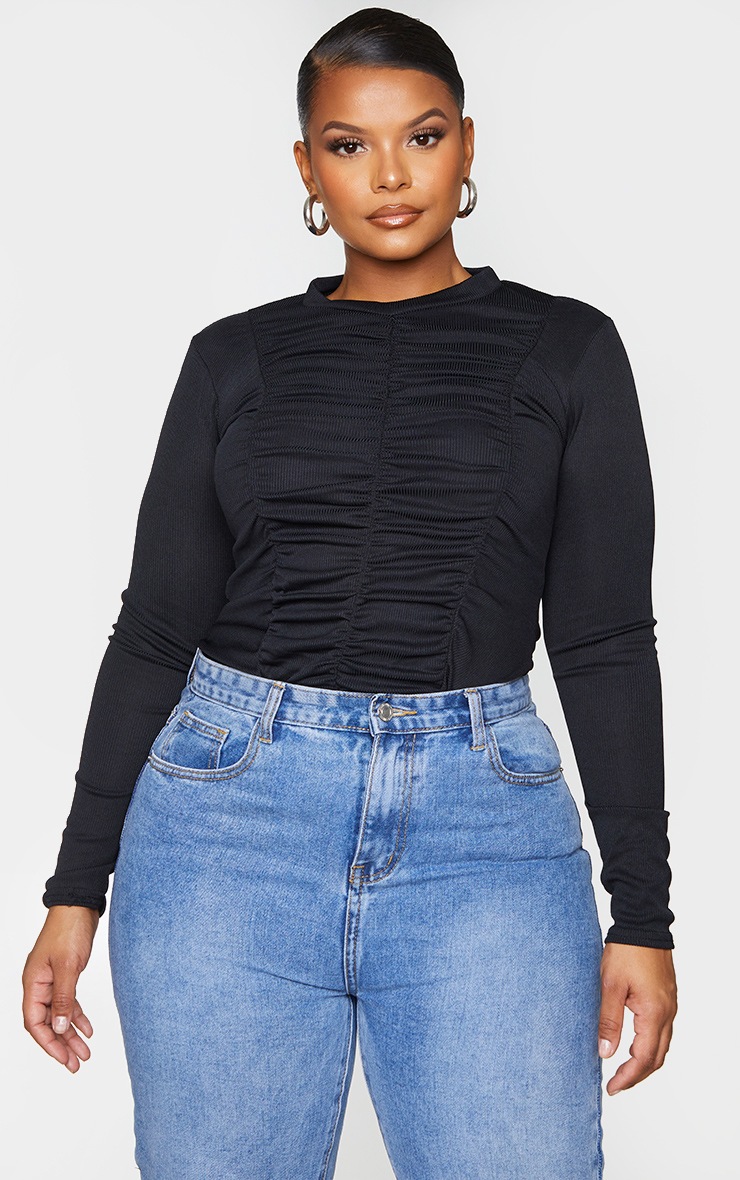 Plus Black Rib Ruched High Neck Long Sleeve Top