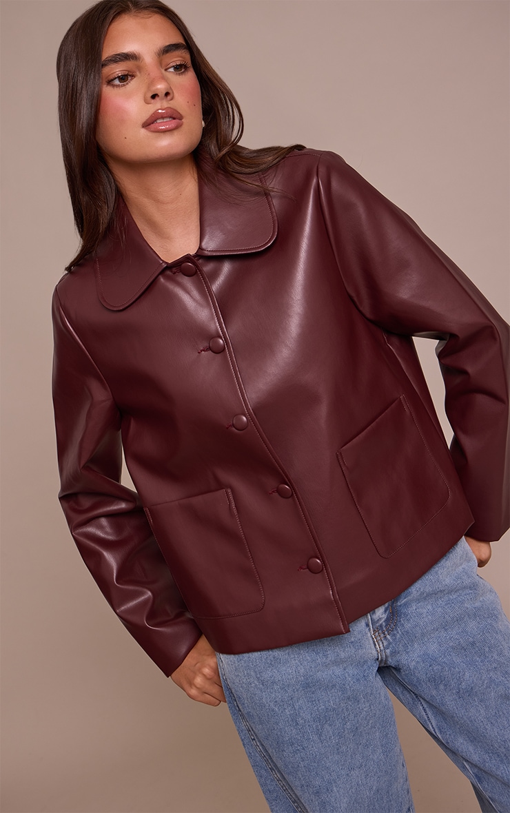 Burgundy PU Button Up Jacket image 4