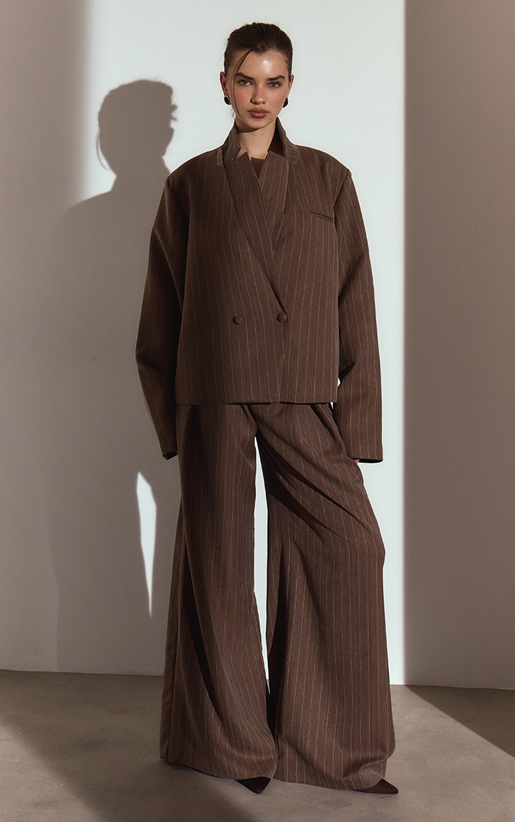 Chocolate Brown Pinstripe Boxy Blazer image 3