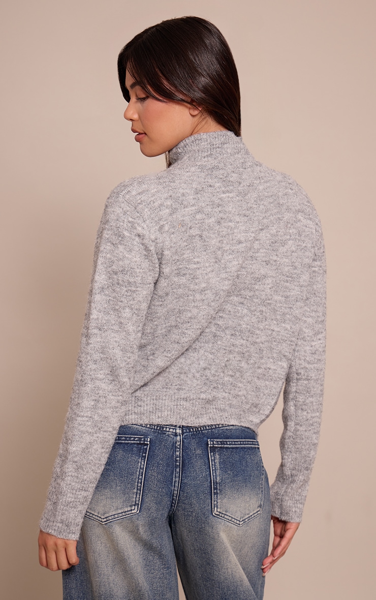 Grey Funnel Neck Button Down Knitted Cardigan image 2