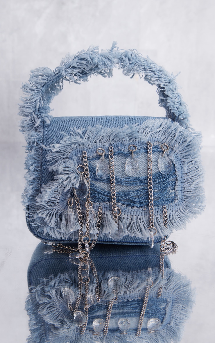 Denim Frayed Jewelled Mini Bag Accessories PrettyLittleThing IRE