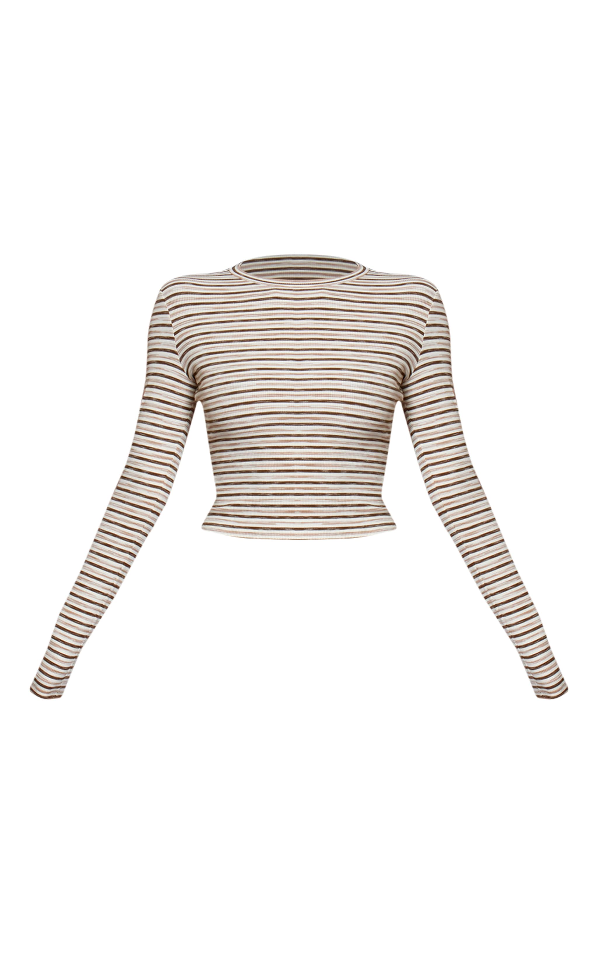 Light Brown Soft Rib Striped Detail Oversized Long Sleeve Top image 5