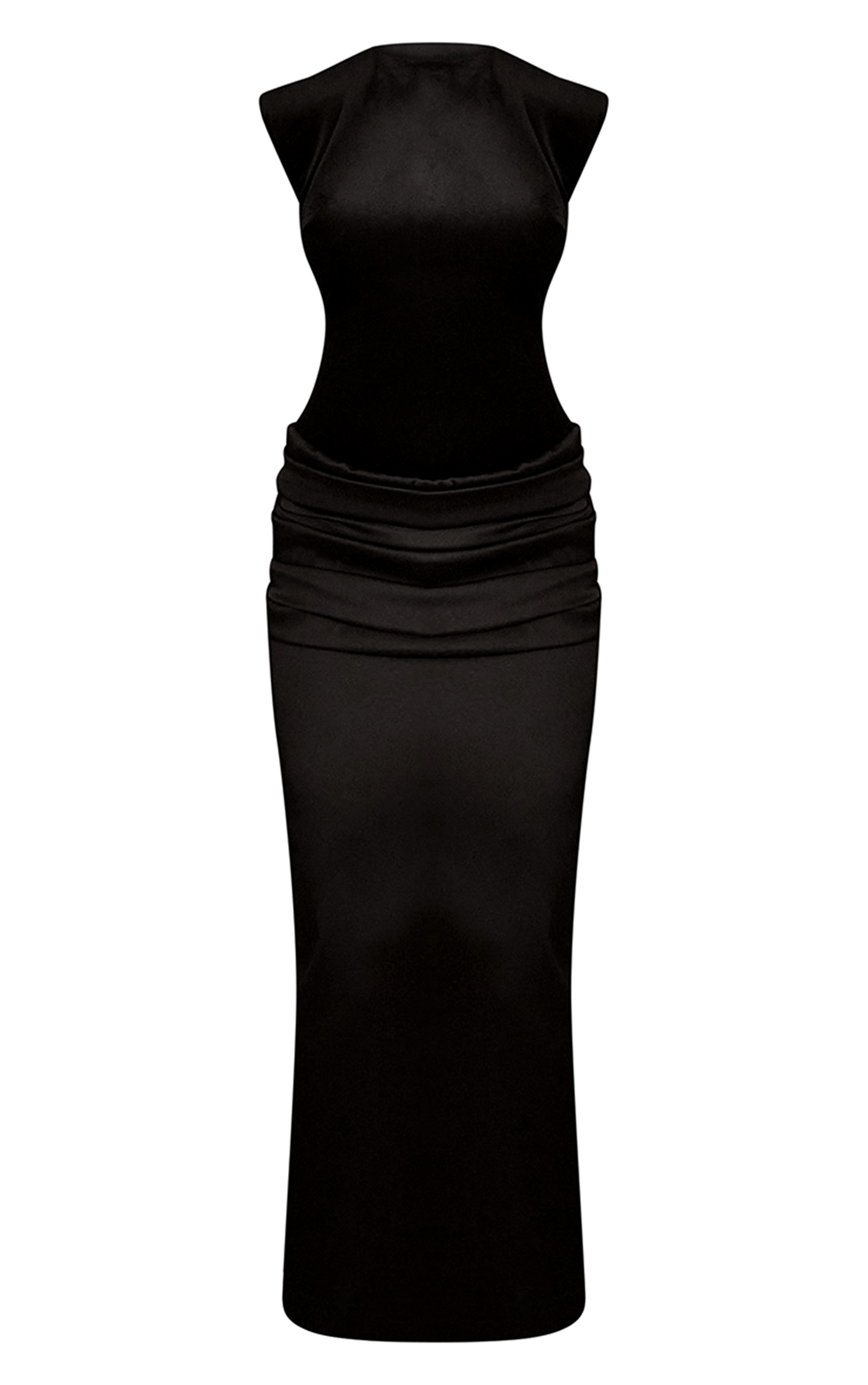PLT Label Robe mi-longue en velours noir froncée à épaules exgérées et jupe satinée image 6