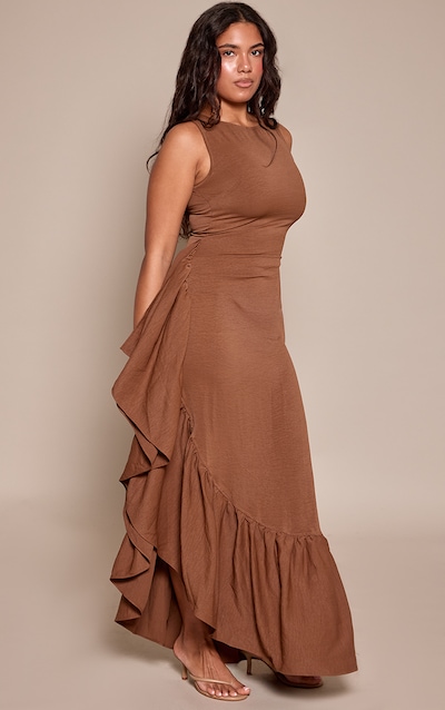 Shape Chocolate Woven Boat Neck Side Split Frill Maxi Dress