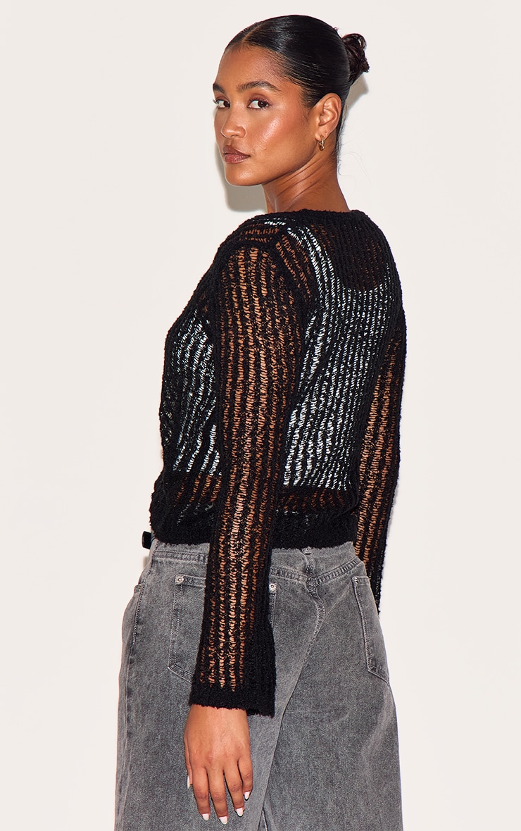 Black Ladder Knit Sheer Cropped Tie Front Top image 2