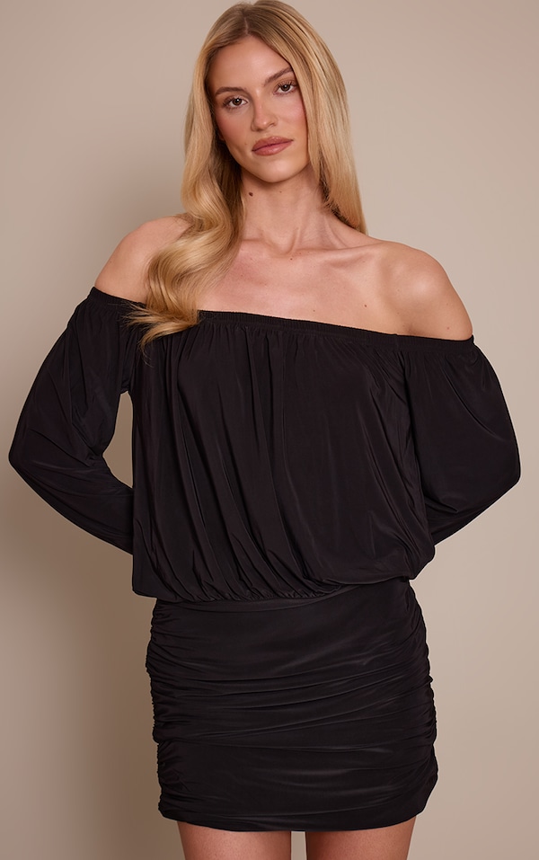 Black Double Layer Slinky Bardot Drape Mini Dress