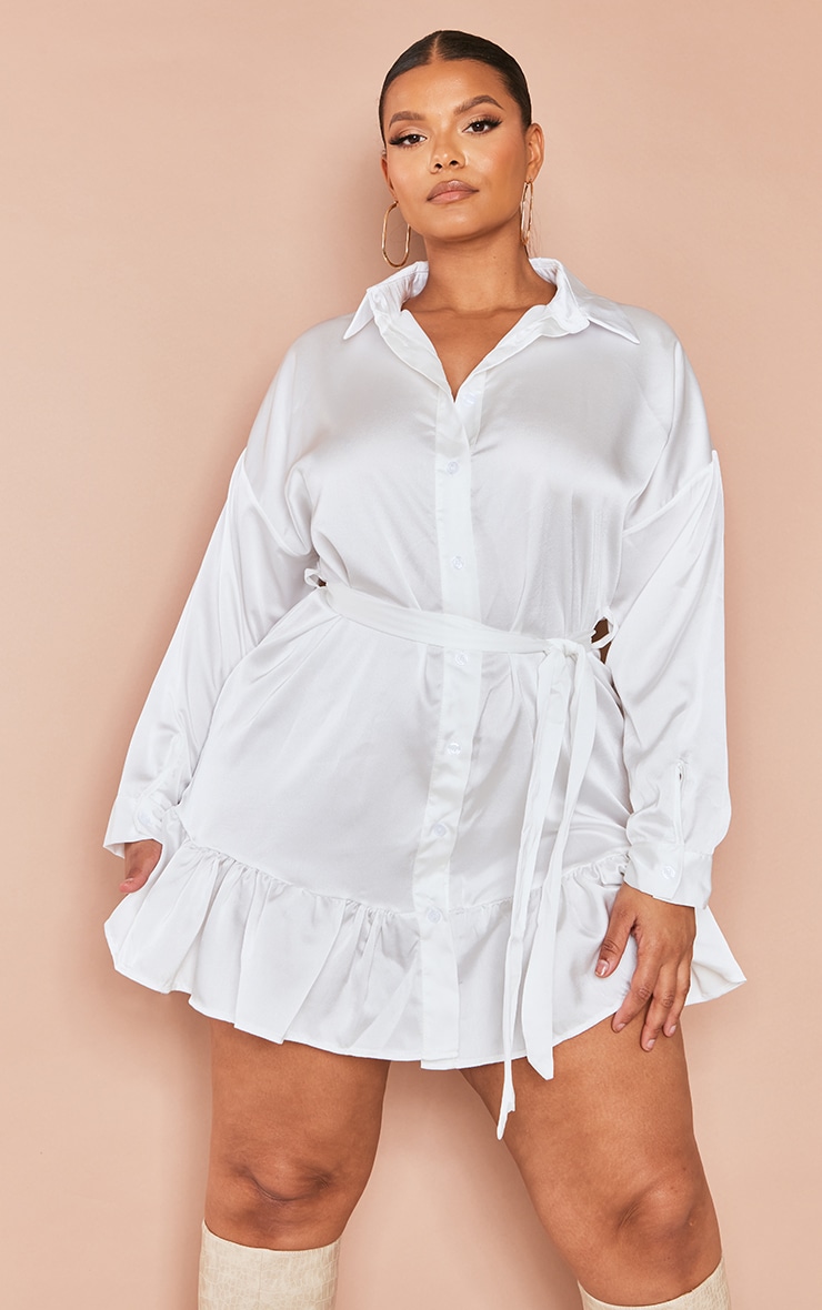 Plus Cream Frill Hem Satin Shirt Dress image 3