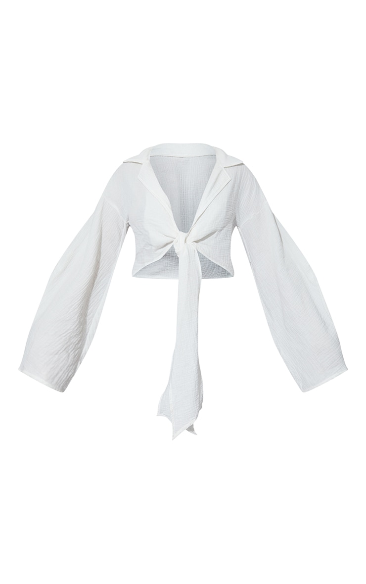 White Textured Oversized Tie Front Shirt image 4