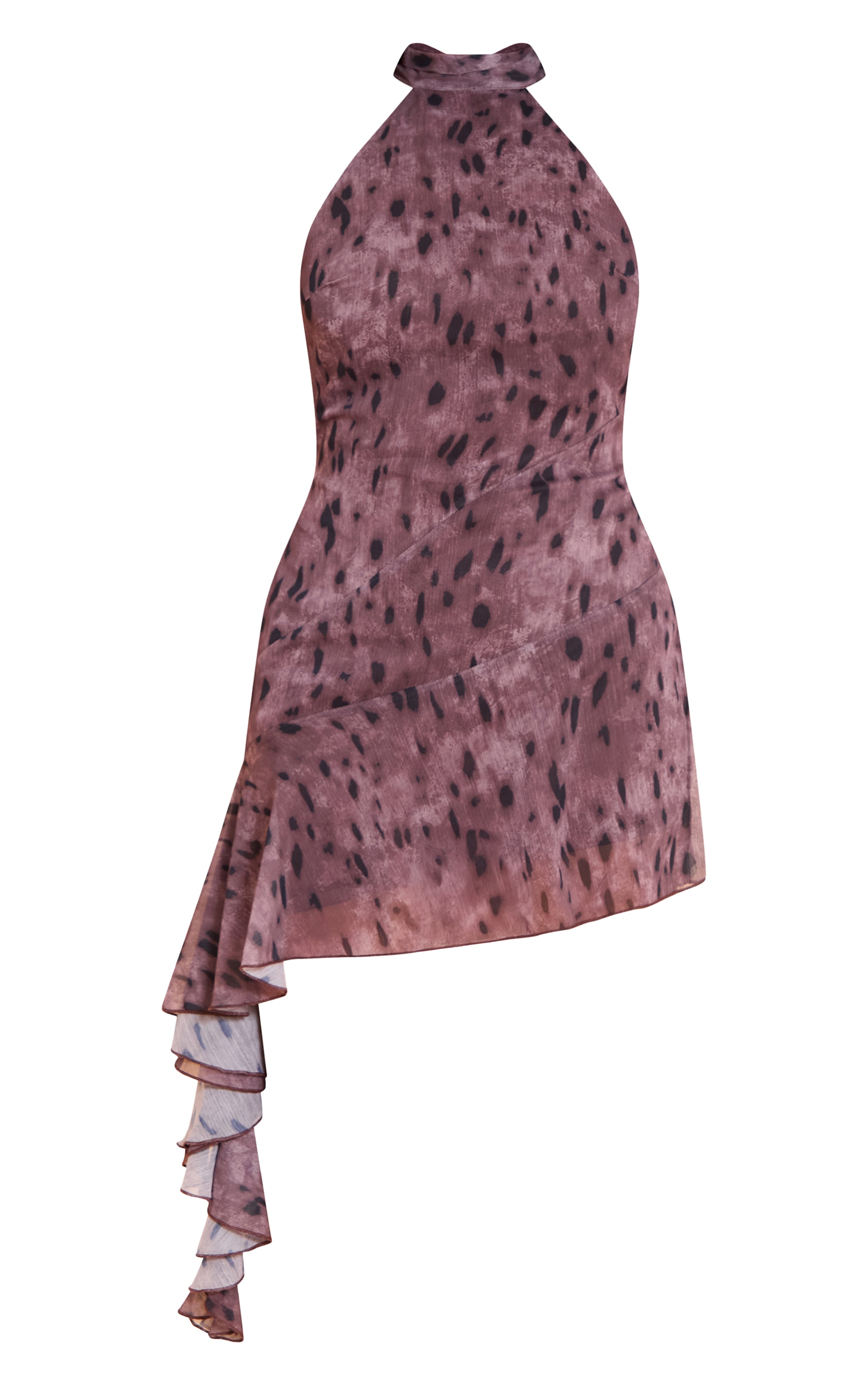 Taupe Abstract Print Chiffon Halter Neck Frill Detail Shift Dress image 5