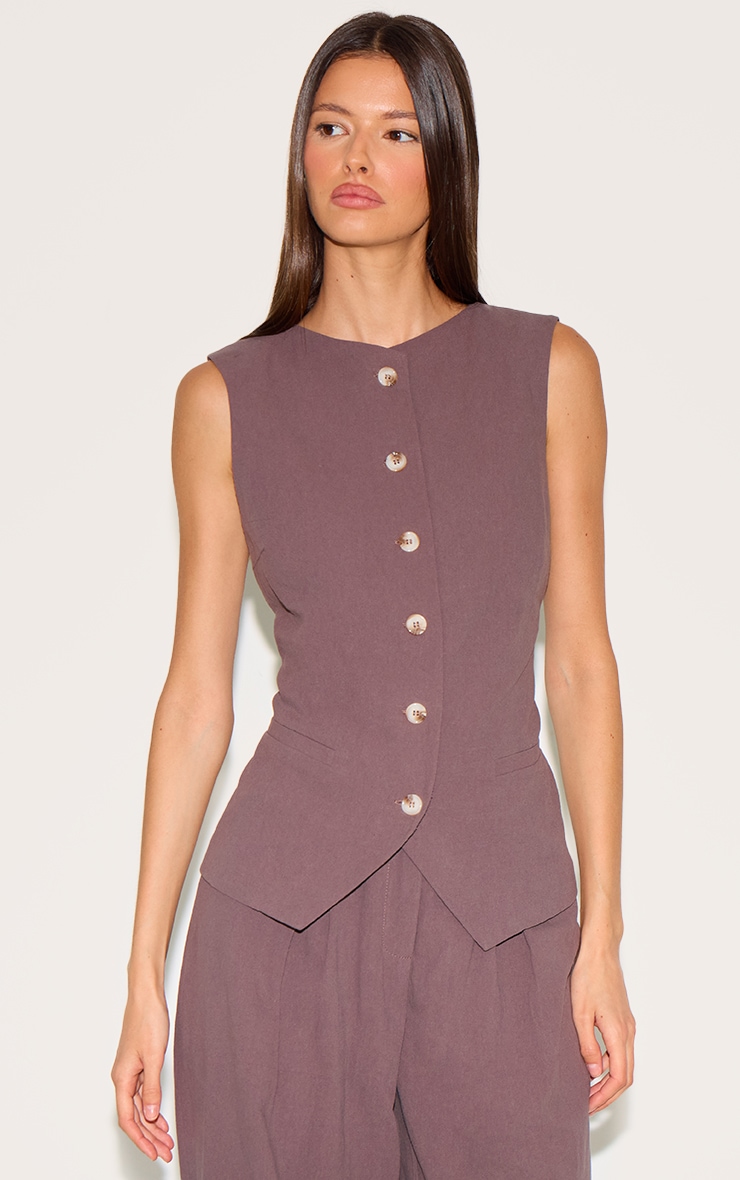 Dark Brown Linen Look Tailored Waistcoat image 1