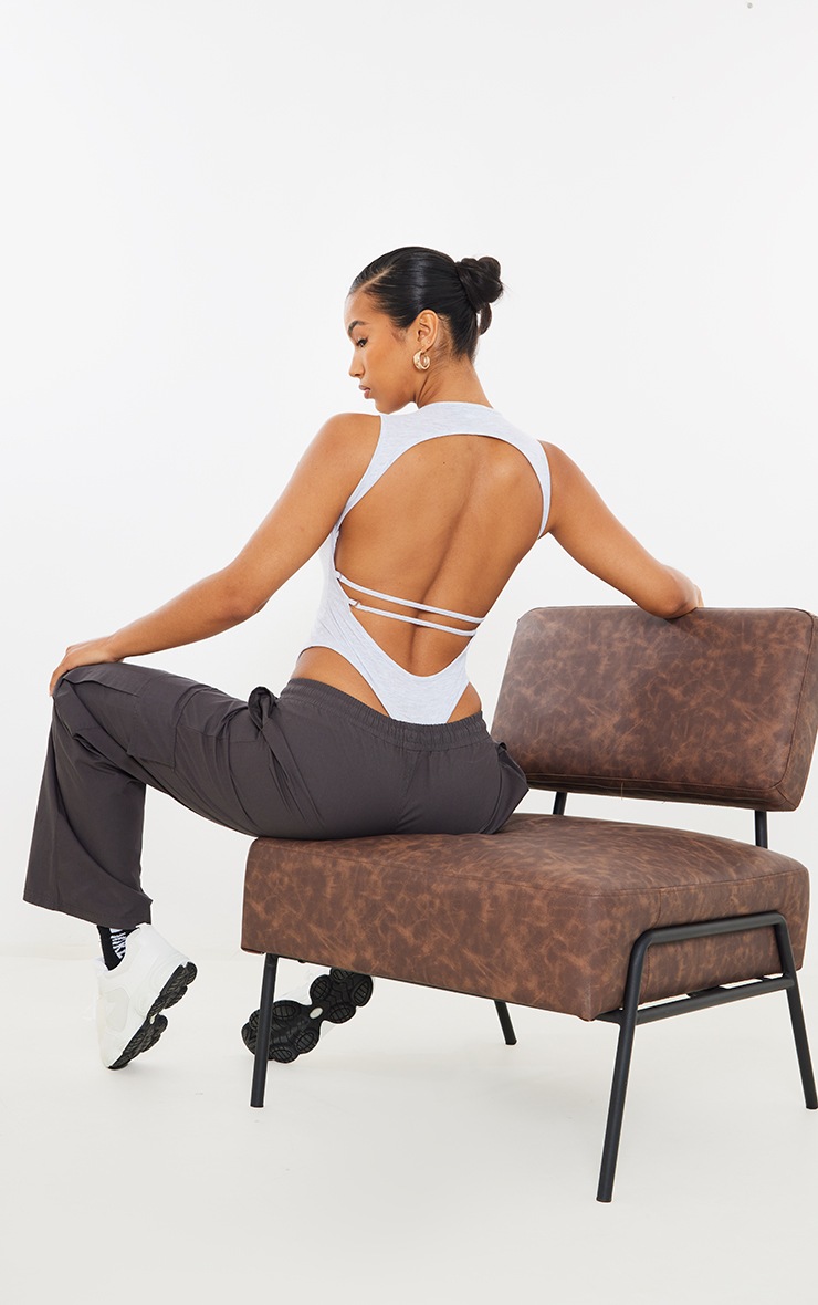 PRETTYLITTLETHING Grey Marl Embroidered Cutout Back Sleeveless Bodysuit