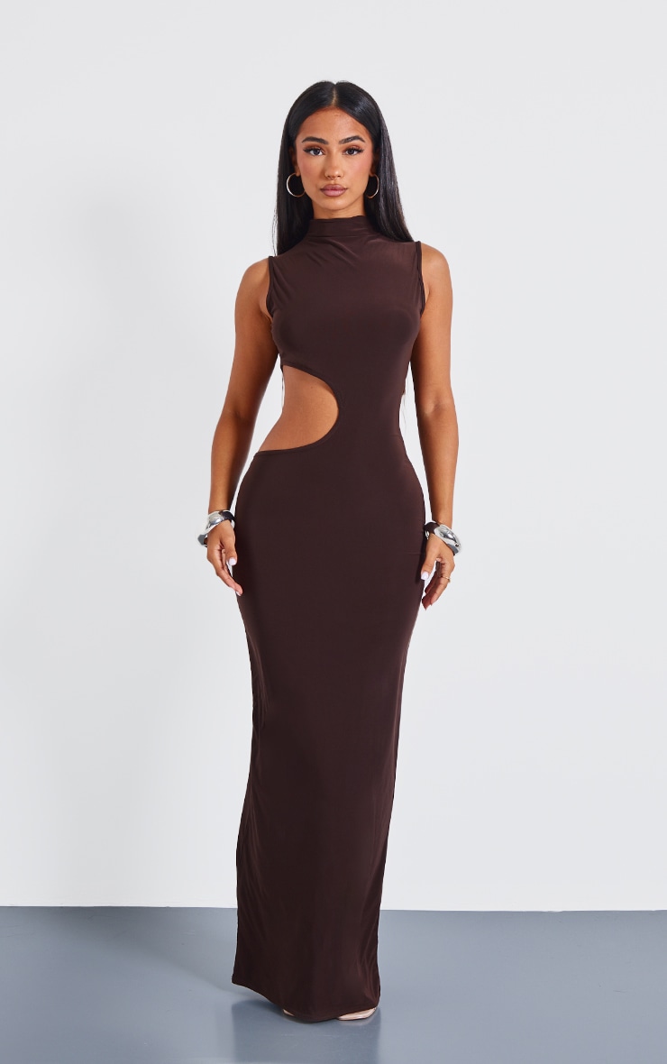 Petite Chocolate Bodycon Slinky Cut Out Maxi Dress image 1