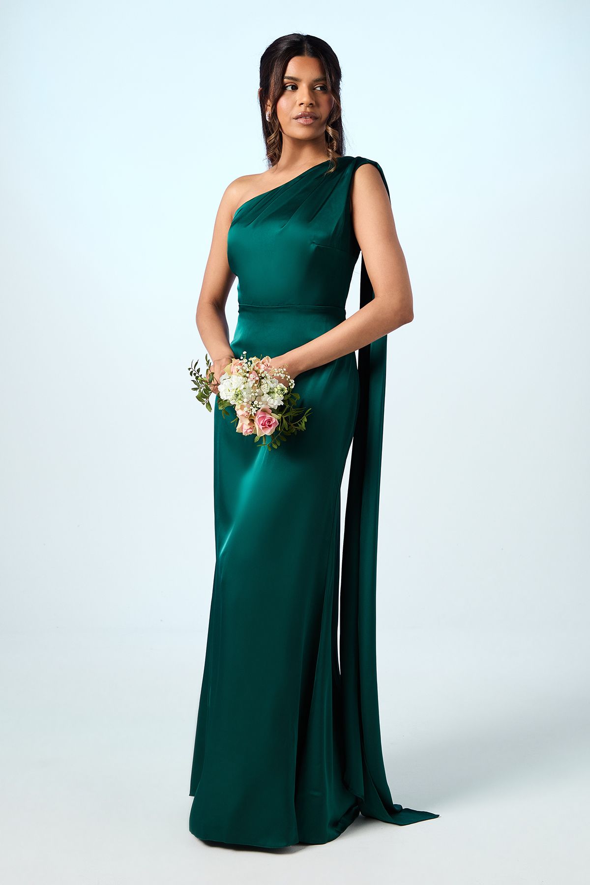 Coast Coast Honoured Petite Drape One Shoulder Satin Maxi Bridesmaid Dress Emerald image 1